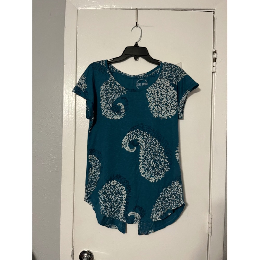 Lucky Brand Womens Teal Paisley Linen Blend Split Back Short Sleeve Top S